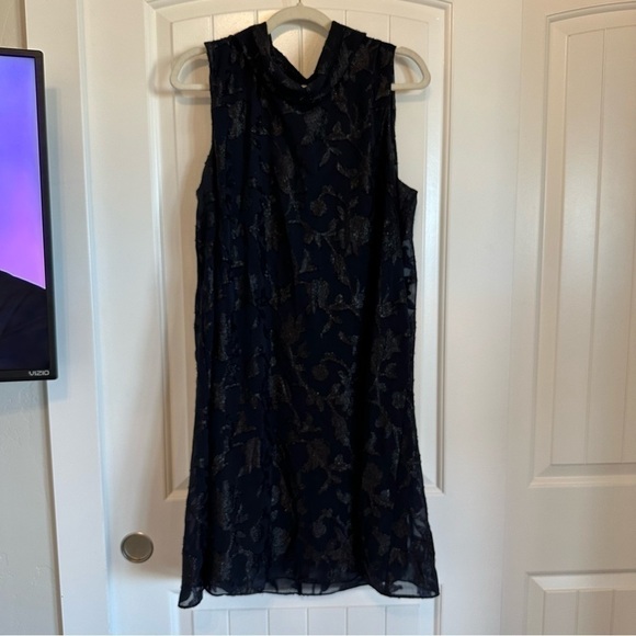 Navy blue embellished overlay sleeveless cowl neck shift dress, super flattering - Picture 10 of 10
